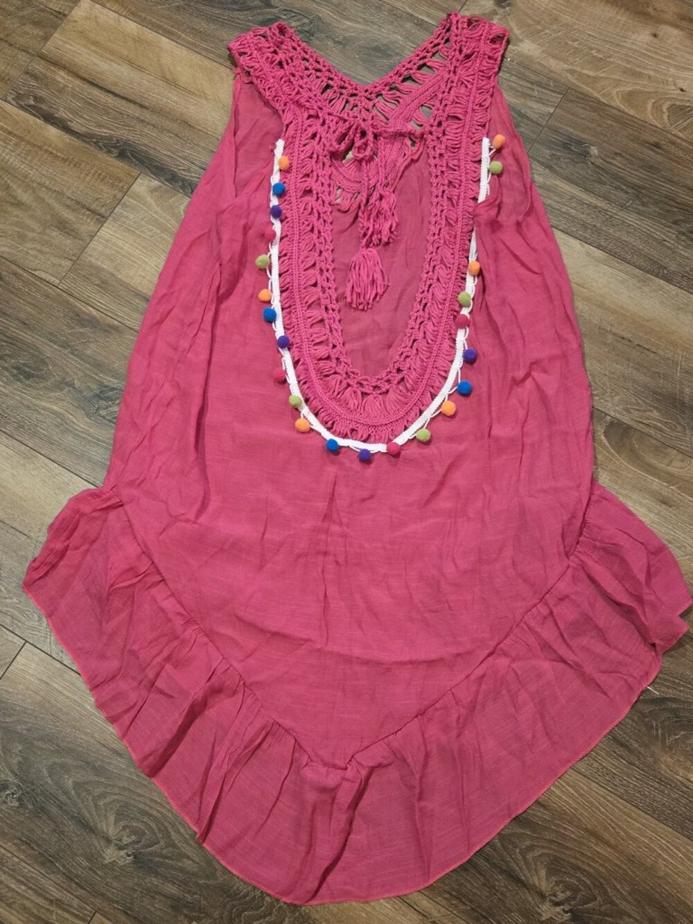 Boho Pink Crochet Halter Cover Up Dress with Multicolor Pom Pom Trim